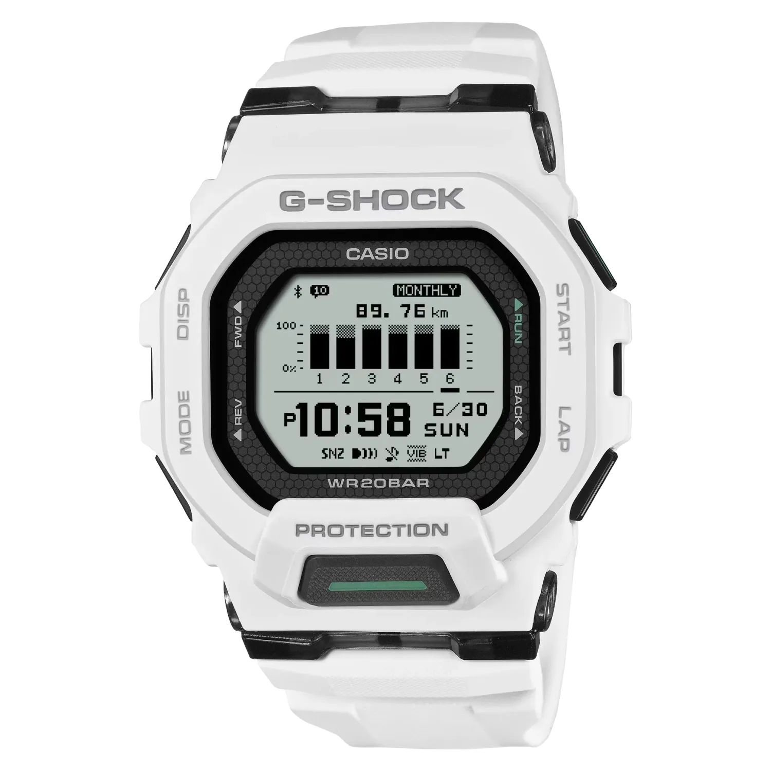 Straight-on view of G-SHOCK GBD200-7 MOVE watch with white resin case and band.