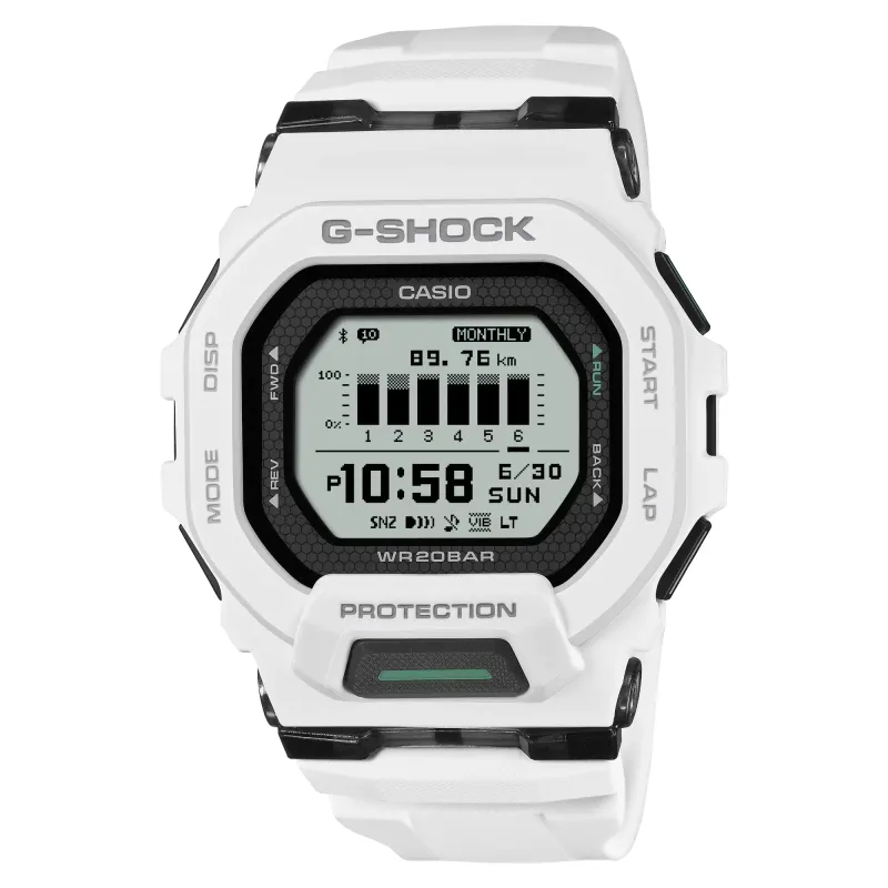 Straight-on view of G-SHOCK GBD200-7 MOVE watch with white resin case and band.
