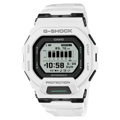 Straight-on view of G-SHOCK GBD200-7 MOVE watch with white resin case and band.