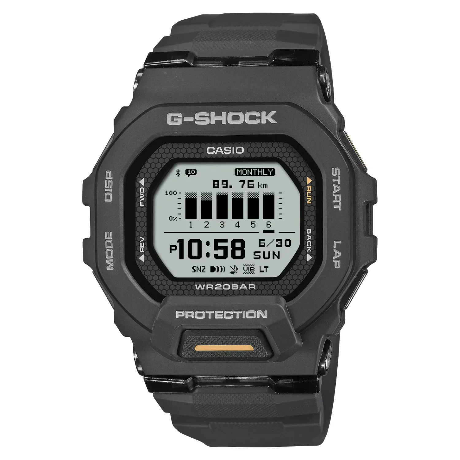 Front view of G-SHOCK GBD200-1A1 MOVE watch in black with digital display and resin band.