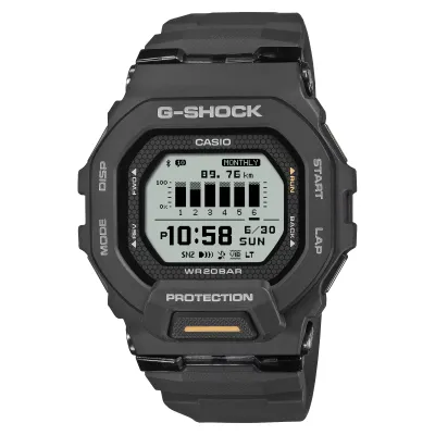 Front view of G-SHOCK GBD200-1A1 MOVE watch in black with digital display and resin band.