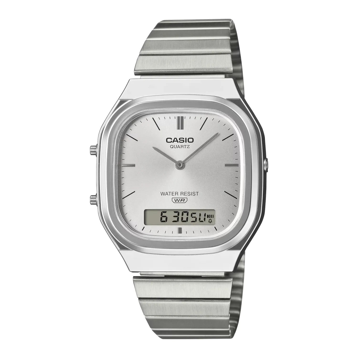 Angled view of Casio AQ240E-7A silver watch showing sunray dial and analog-digital display.