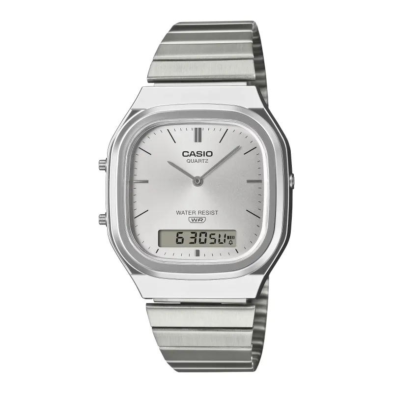Angled view of Casio AQ240E-7A silver watch showing sunray dial and analog-digital display.