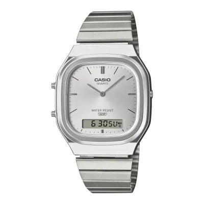 Angled view of Casio AQ240E-7A silver watch showing sunray dial and analog-digital display.
