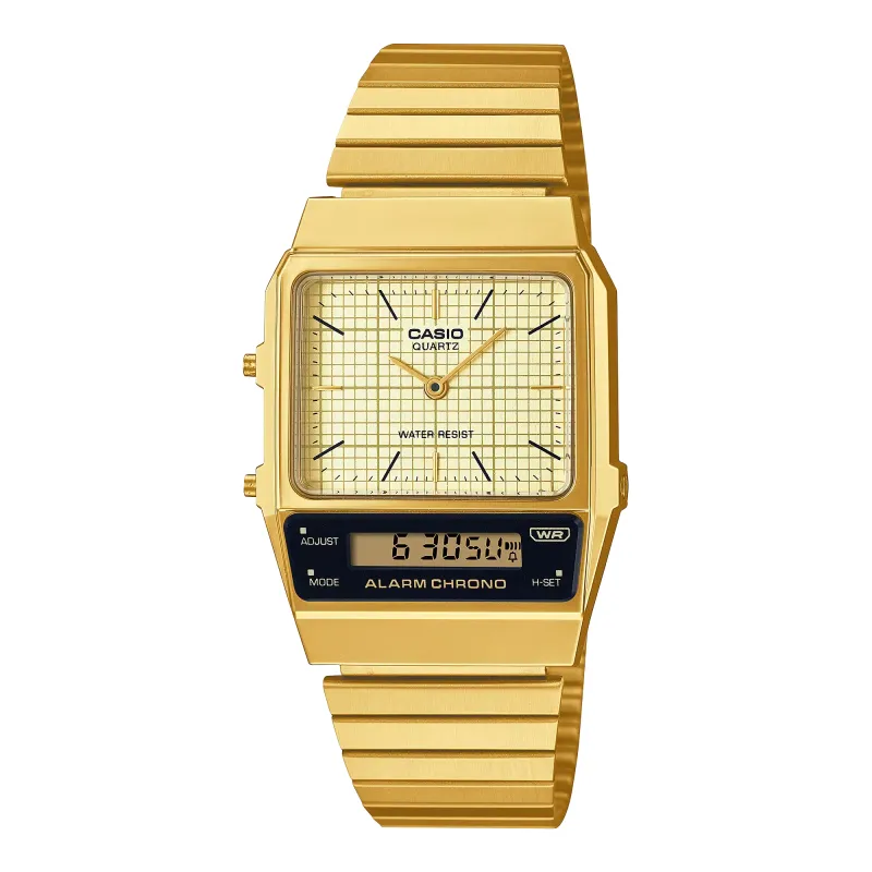 Front view of Casio AQ800EG-9A vintage gold analog-digital watch with grid-pattern dial.