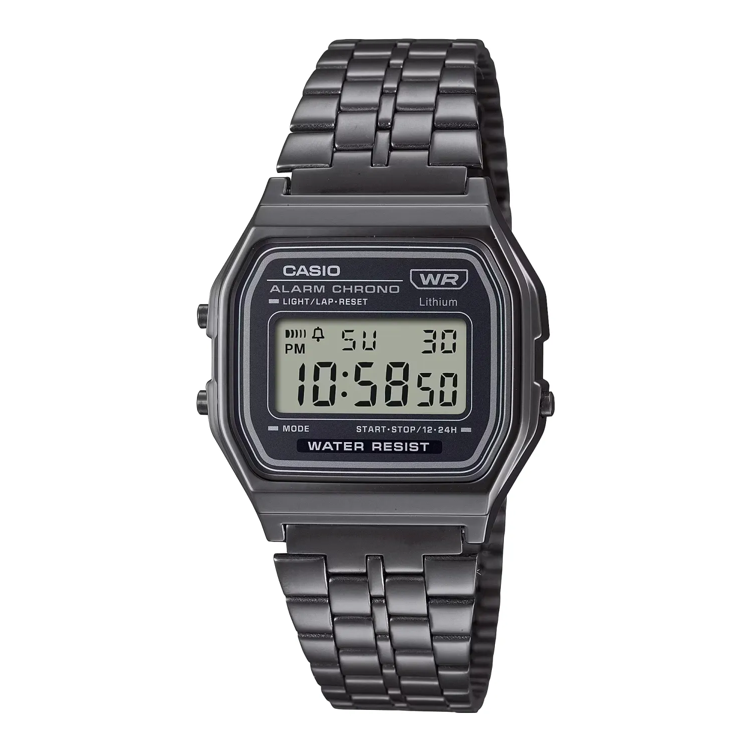 Front view of Casio A158WETB-1A vintage digital watch in vintage grey with black chrome case and stainless steel band.