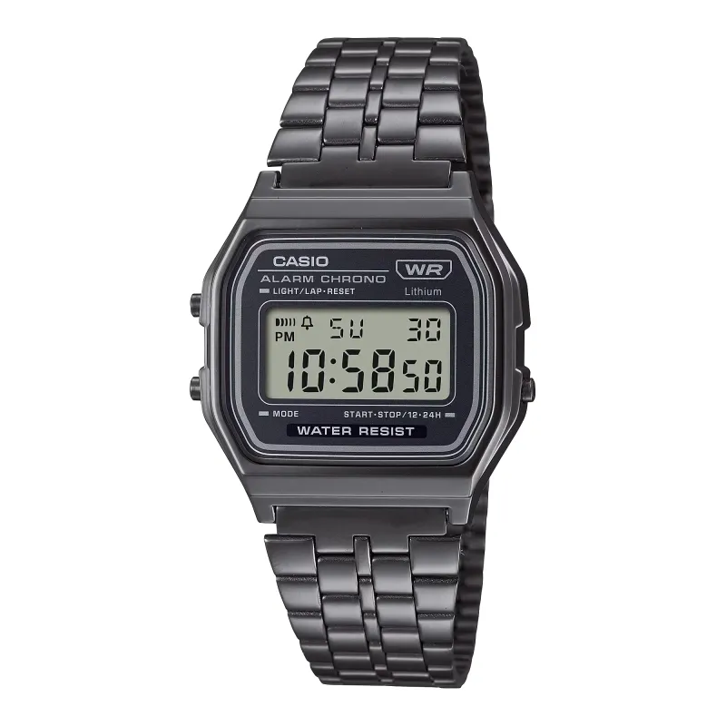 Front view of Casio A158WETB-1A vintage digital watch in vintage grey with black chrome case and stainless steel band.
