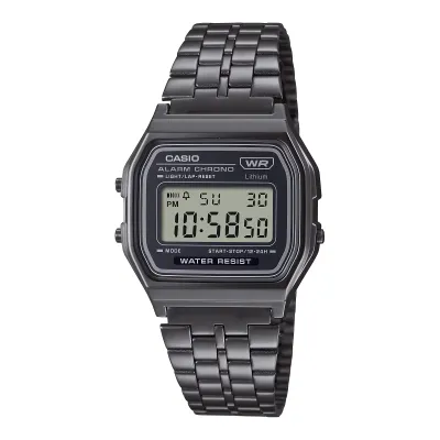 Front view of Casio A158WETB-1A vintage digital watch in vintage grey with black chrome case and stainless steel band.