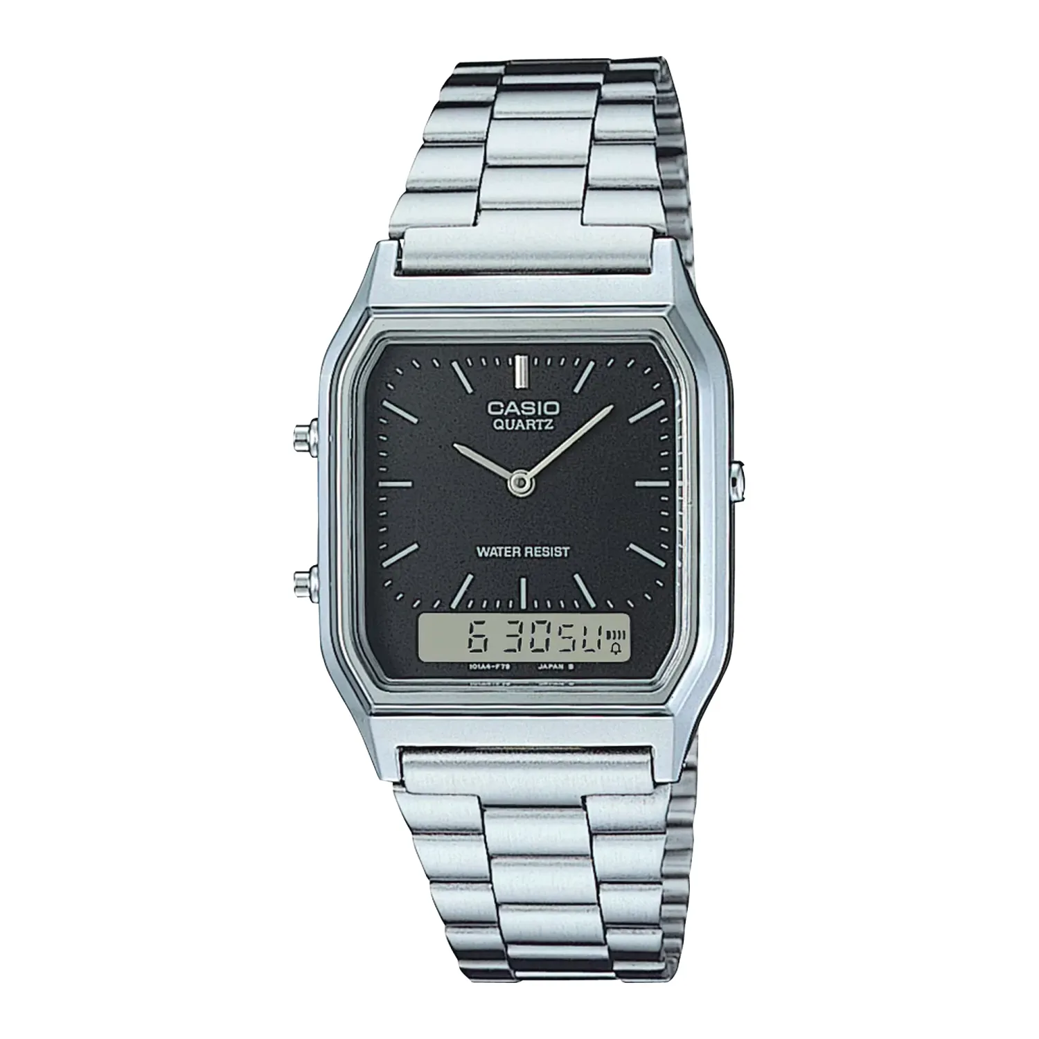 Front view of Casio AQ230A-1DM vintage watch in silver with black dial and analog-digital display.