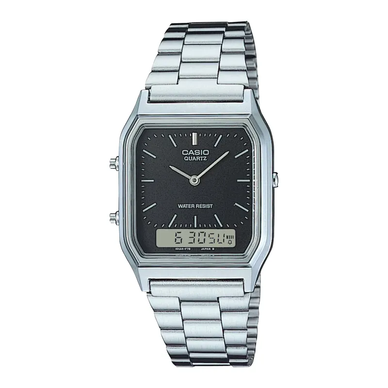 Front view of Casio AQ230A-1DM vintage watch in silver with black dial and analog-digital display.