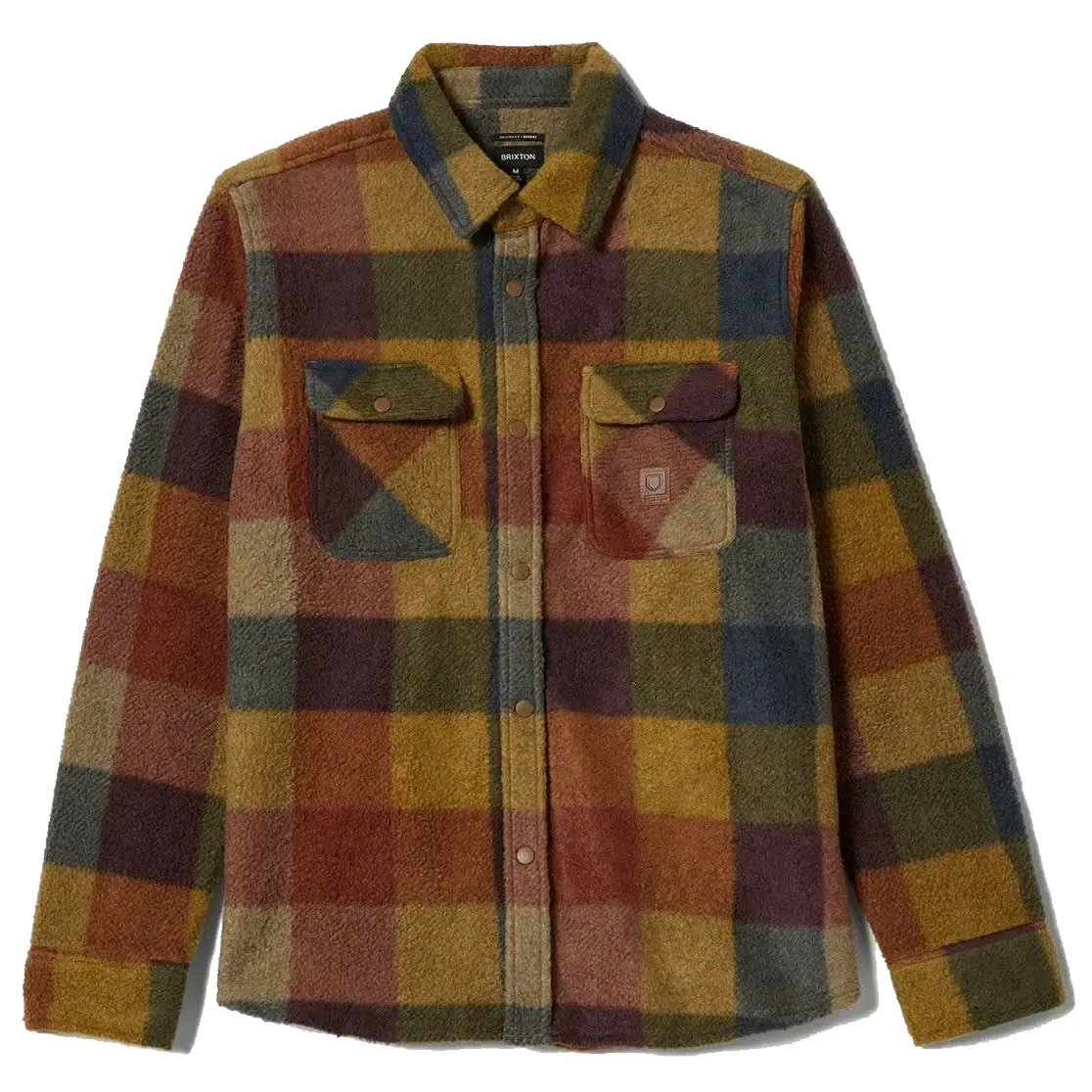 Front flat lay of Brixton Bowery Arctic Stretch fleece shirt in rust and copper plaid with dual chest pockets.