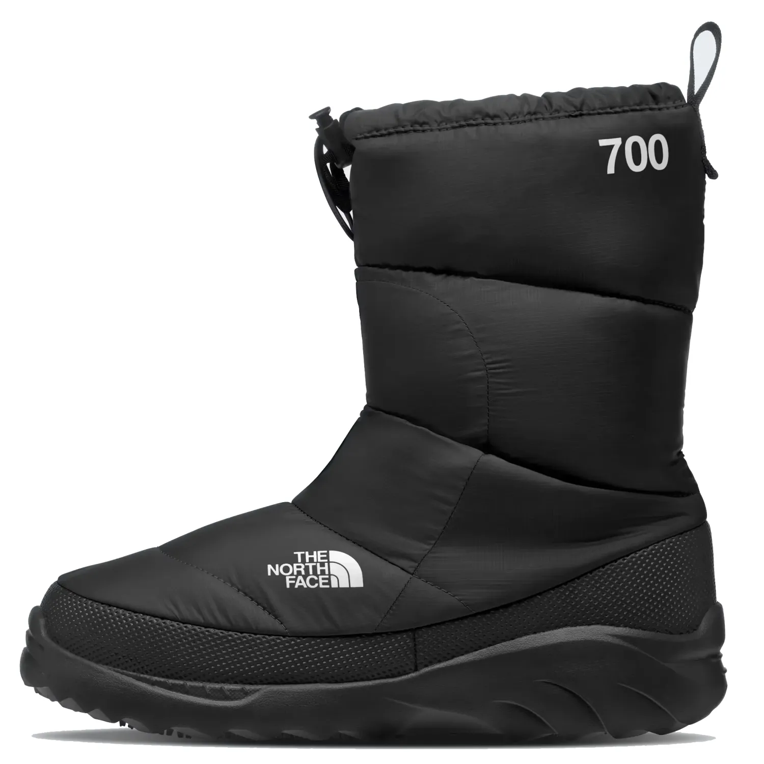 Side view of The North Face Nuptse Traction Bootie in black with puffy quilted upper and 700-fill down insulation.