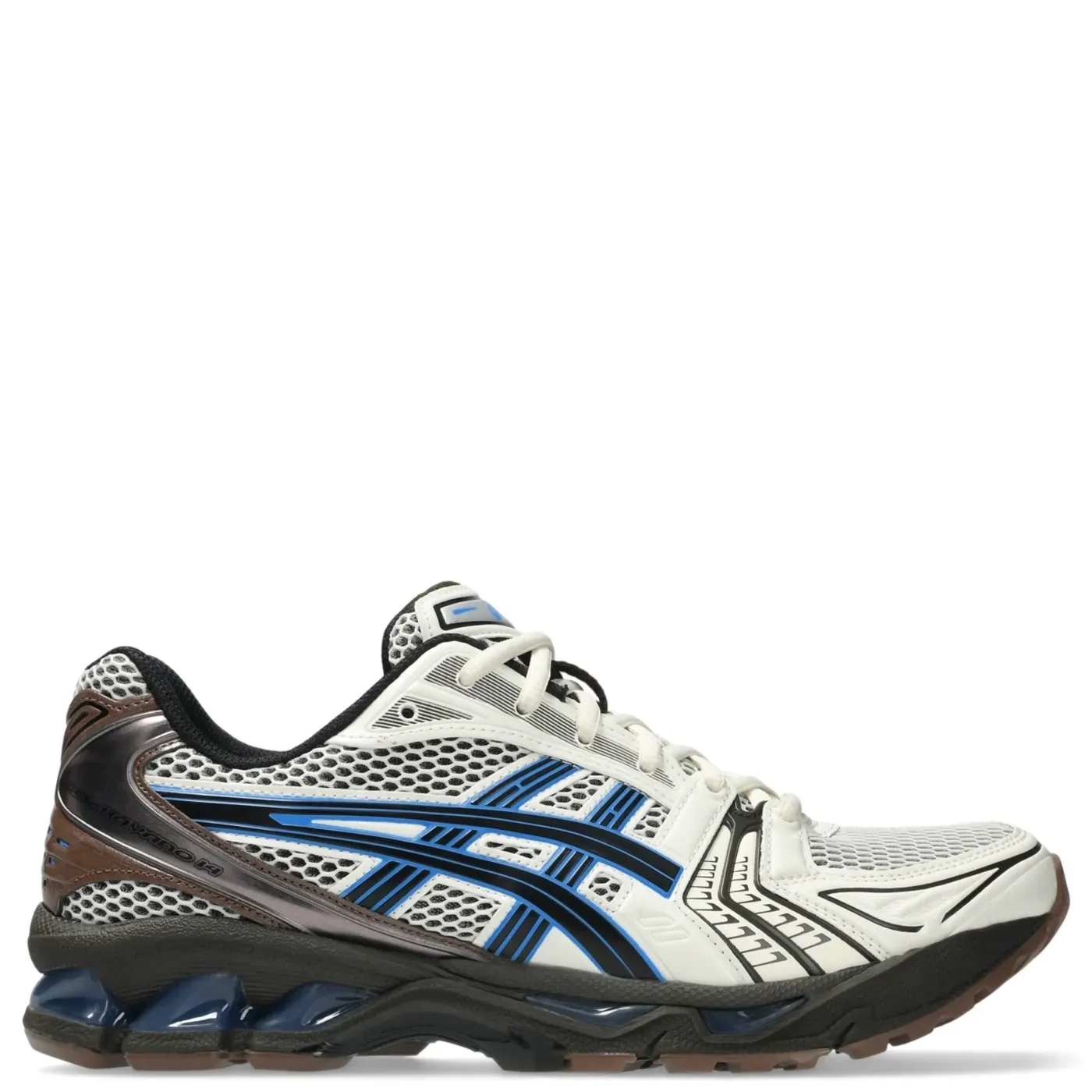 Side profile of ASICS GEL-KAYANO 14 Cream Blue Coast featuring mesh upper and blue ASICS stripes.