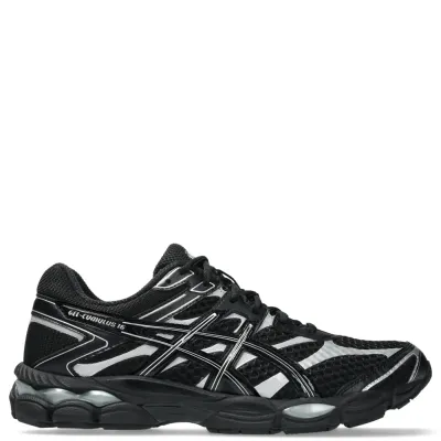 Front view of ASICS GEL-CUMULUS 16 retro running shoe in black with mesh upper and GEL cushioning.