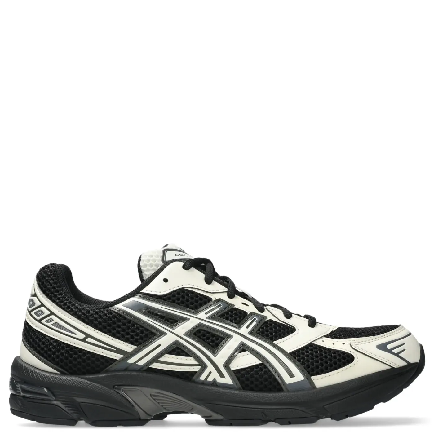 Right side view of ASICS GEL-1130 retro running sneaker in black and cream colorway.