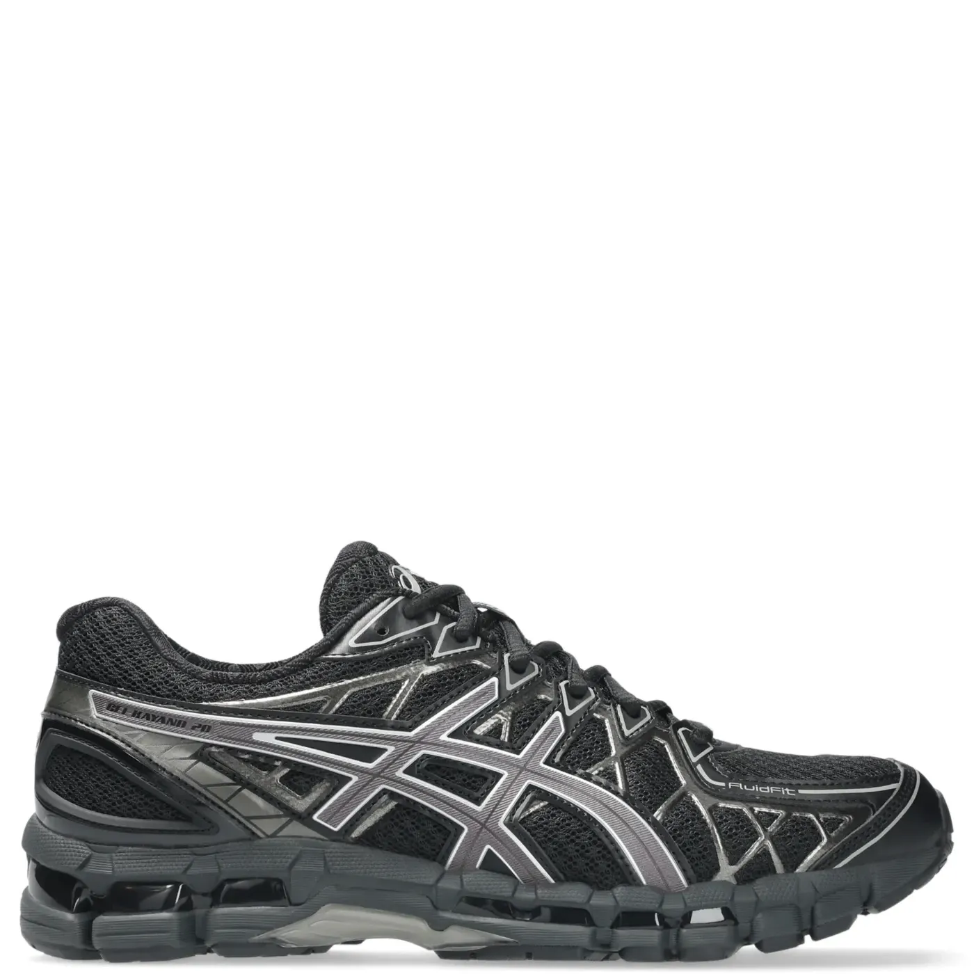 Side view of ASICS GEL-KAYANO 20 Black Clay Grey highlighting FLUIDFIT cage and GEL midsole.