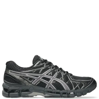 Side view of ASICS GEL-KAYANO 20 Black Clay Grey highlighting FLUIDFIT cage and GEL midsole.