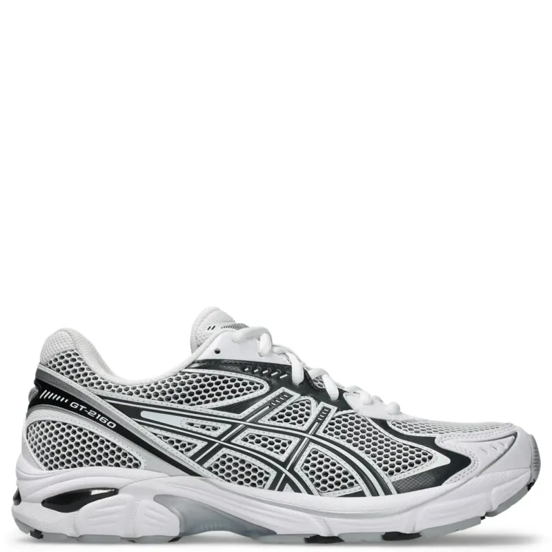 Outer side view of ASICS GT-2160 sneaker in white and graphite grey with retro ASICS branding.