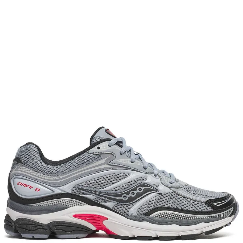 Side view of Saucony ProGrid Omni 9 TMY sneaker in grey with red accents and cream retro midsole.