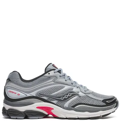 Side view of Saucony ProGrid Omni 9 TMY sneaker in grey with red accents and cream retro midsole.