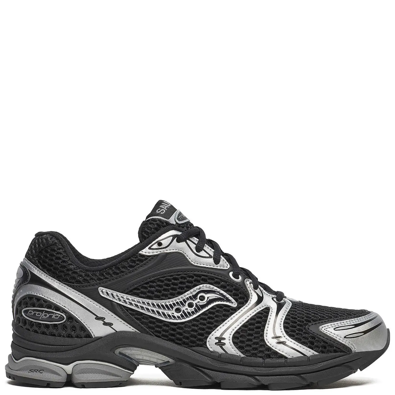 Side view of Saucony ProGrid Triumph 4 sneaker in black and silver with chrome overlays and segmented midsole.