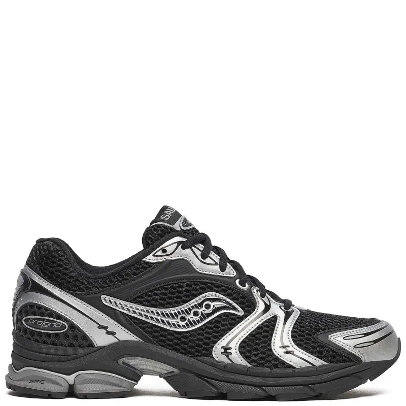 Side view of Saucony ProGrid Triumph 4 sneaker in black and silver with chrome overlays and segmented midsole.