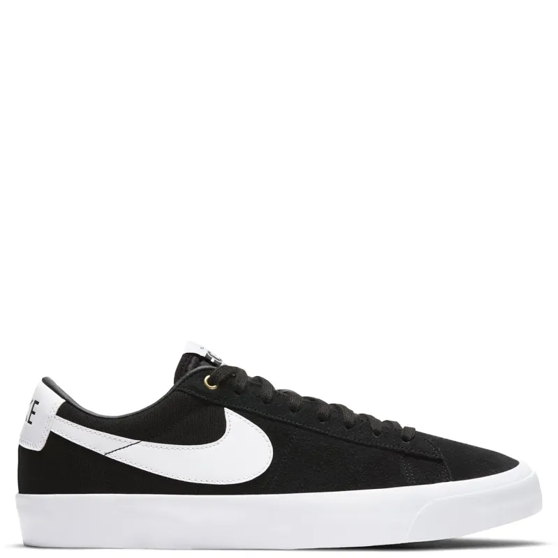 Side profile of Nike SB Zoom Blazer Low Pro GT in black suede with white Swoosh and white midsole.