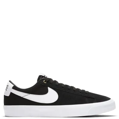 Side profile of Nike SB Zoom Blazer Low Pro GT in black suede with white Swoosh and white midsole.