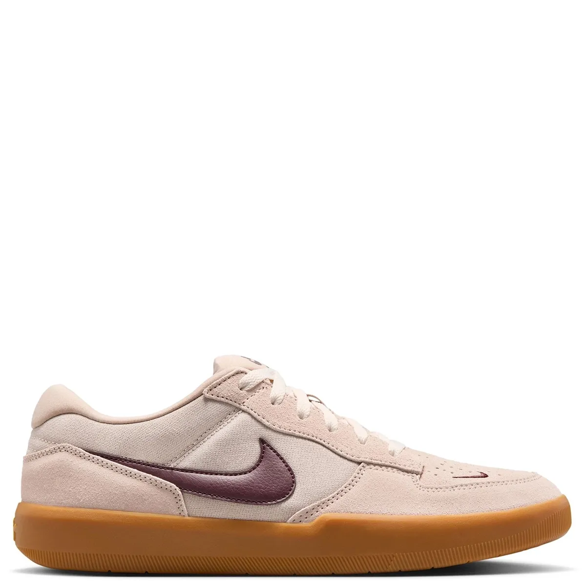 Side profile of Nike SB Force 58 Cream II skate shoe with burgundy Swoosh and gum sole.