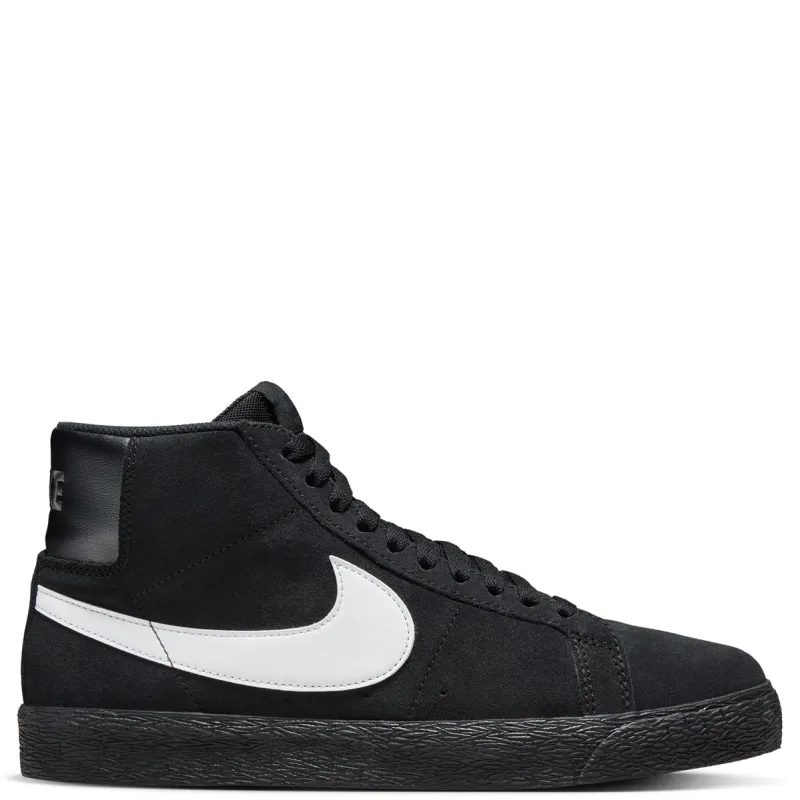 Side view of Nike SB Zoom Blazer Mid skate shoe in black with white Swoosh and mid-top silhouette.