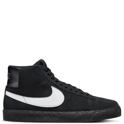 Side view of Nike SB Zoom Blazer Mid skate shoe in black with white Swoosh and mid-top silhouette.