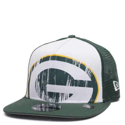 NEW ERA GREEN BAY PACKERS DISTRESSED A-FRAME 9FIFTY TRUCKER SNAPBACK HAT