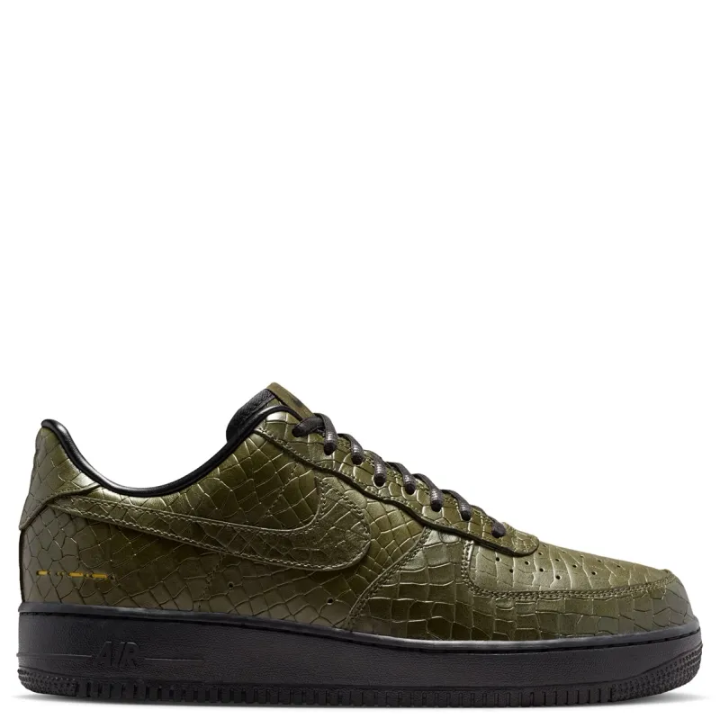 Lateral side view of Nike Air Force 1 ’07 Premium Cargo Khaki with embossed leather Swoosh and black sole.