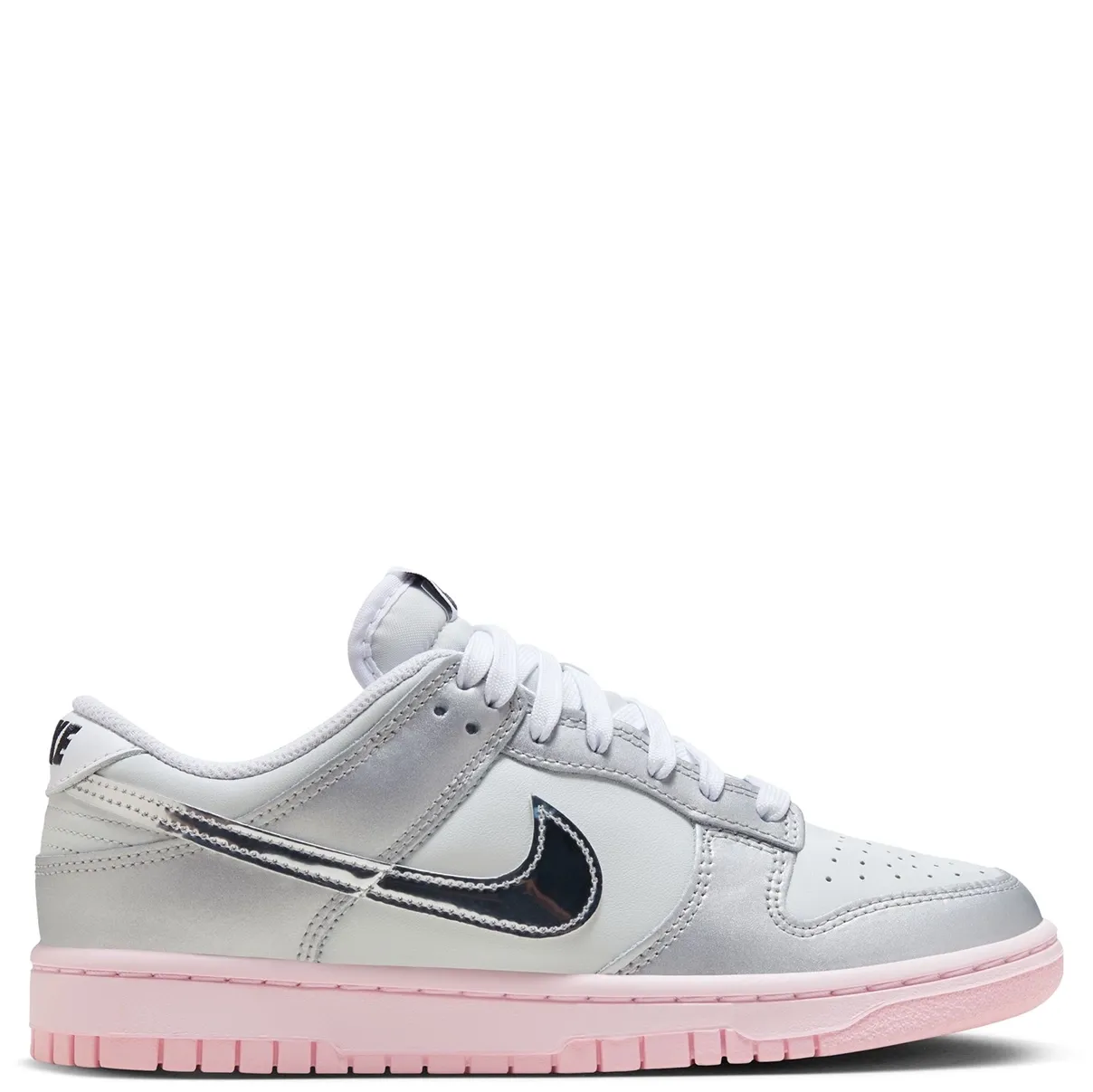 Lateral side view of Nike Women’s Dunk Low LX Photon Dust featuring metallic silver Swoosh and Pink Foam midsole.