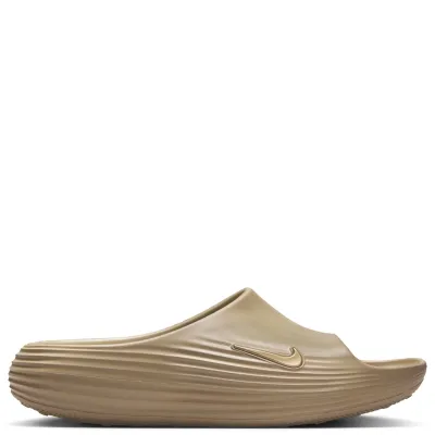 Lateral side view of Nike ReactX Rejuven8 Slide in Khaki with ribbed foam texture and sleek profile.