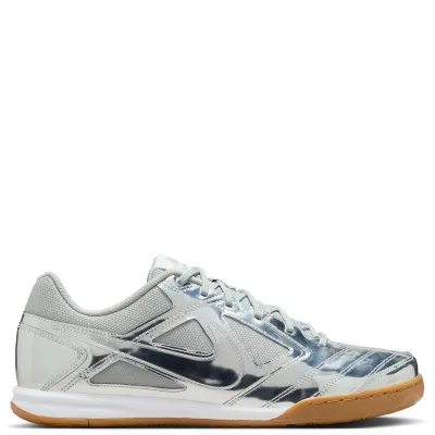 Lateral side view of Nike Gato LV8 Metallic Silver featuring reflective Swoosh and low-profile midsole.