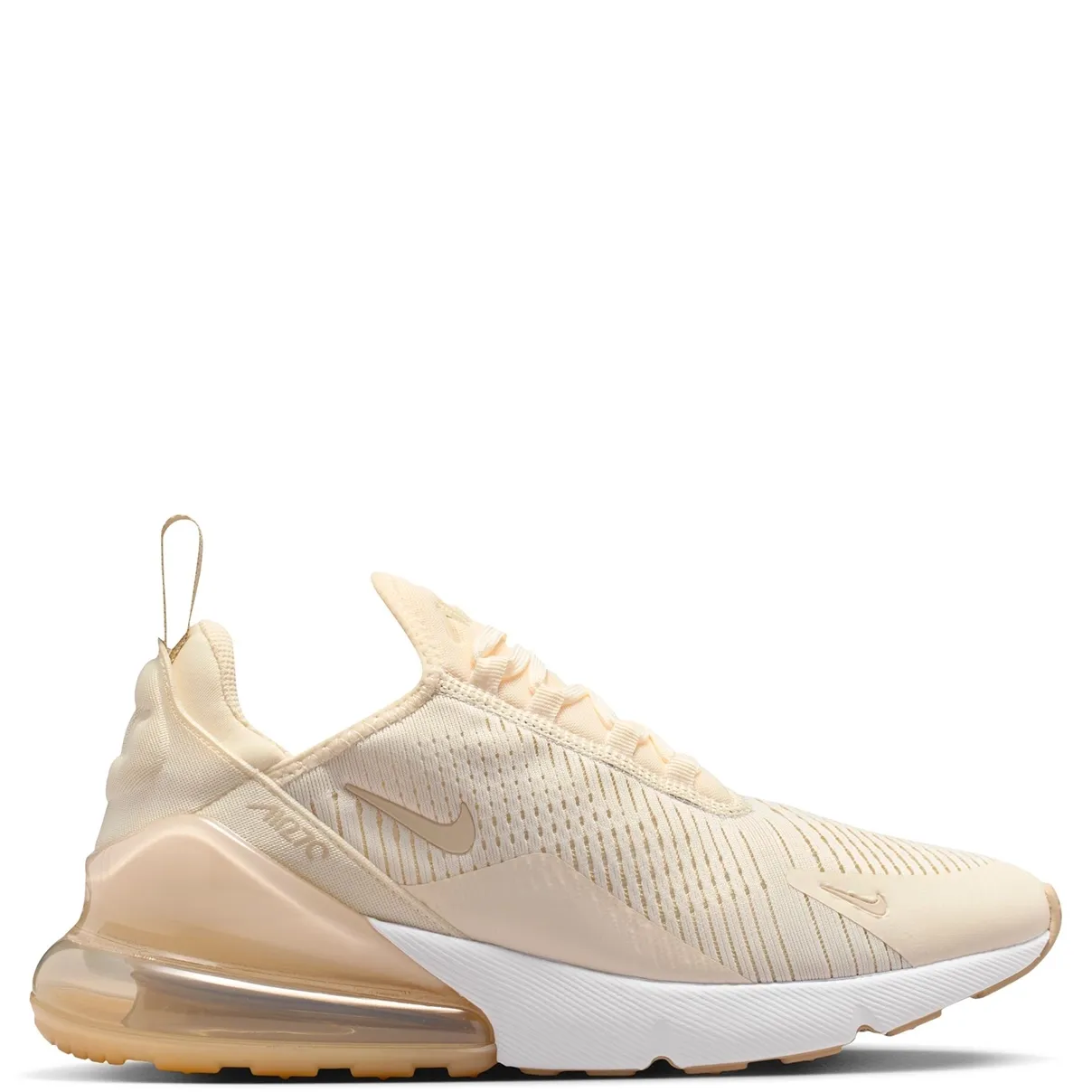 Lateral side view of Nike Air Max 270 Chalk with large Max Air heel unit and sleek profile.