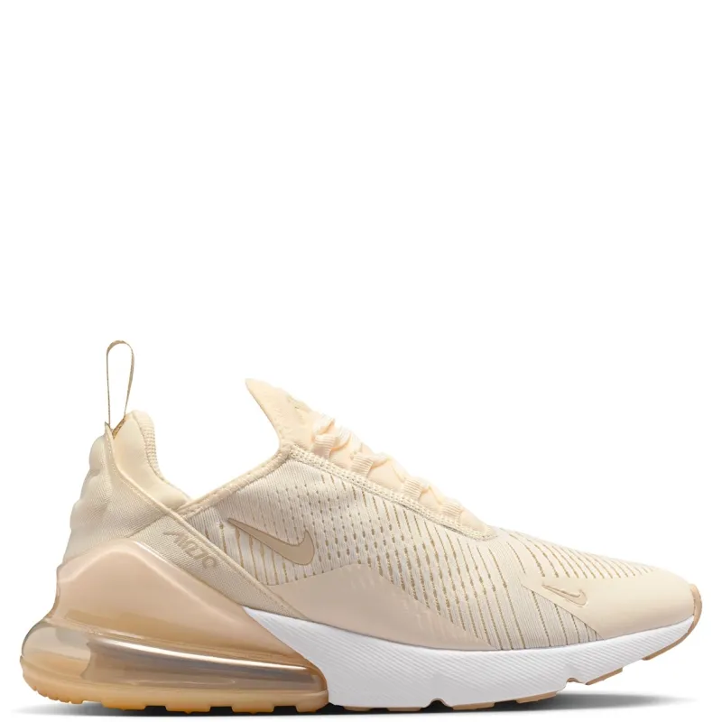 Lateral side view of Nike Air Max 270 Chalk with large Max Air heel unit and sleek profile.
