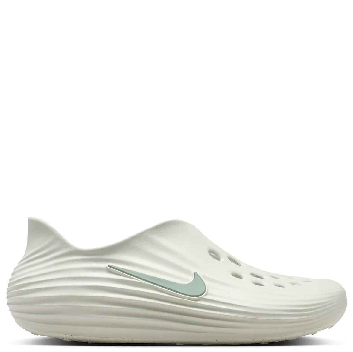 Lateral side view of Nike ReactX Rejuven8 in Light Silver with molded ReactX foam and tonal Swoosh.