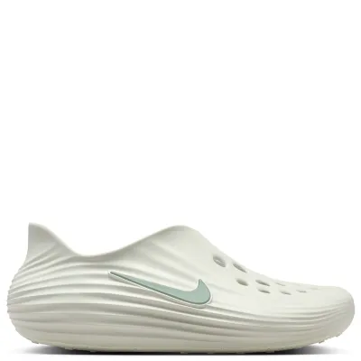 Lateral side view of Nike ReactX Rejuven8 in Light Silver with molded ReactX foam and tonal Swoosh.