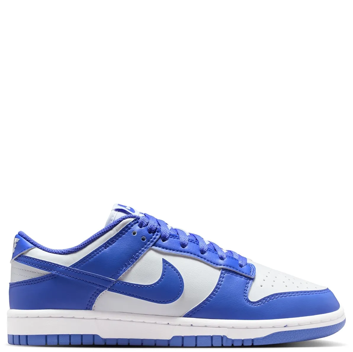 Lateral side view of Nike Dunk Low White/Sapphire with blue Swoosh and leather overlays.