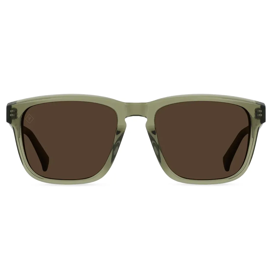 Front view of RAEN Lumis sunglasses in Cambria translucent olive green acetate with vibrant brown polarized lenses.