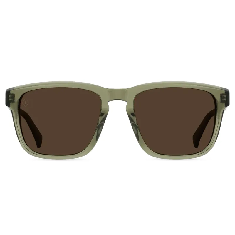 Front view of RAEN Lumis sunglasses in Cambria translucent olive green acetate with vibrant brown polarized lenses.