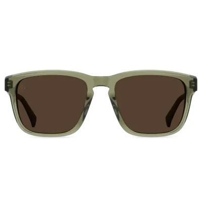 Front view of RAEN Lumis sunglasses in Cambria translucent olive green acetate with vibrant brown polarized lenses.
