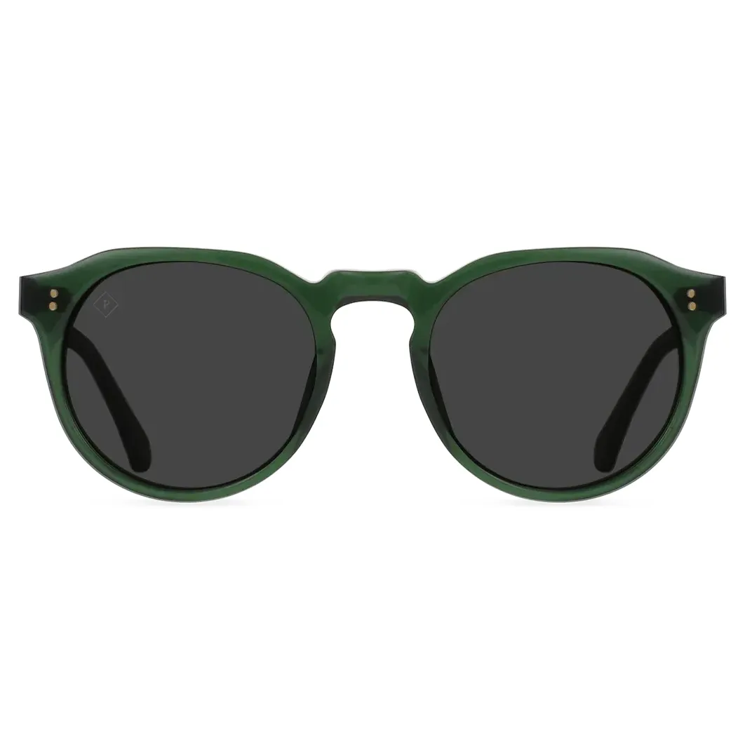 Straight-on view of RAEN Remmy sunglasses with translucent oak green frame and dark smoke polarized lenses.

