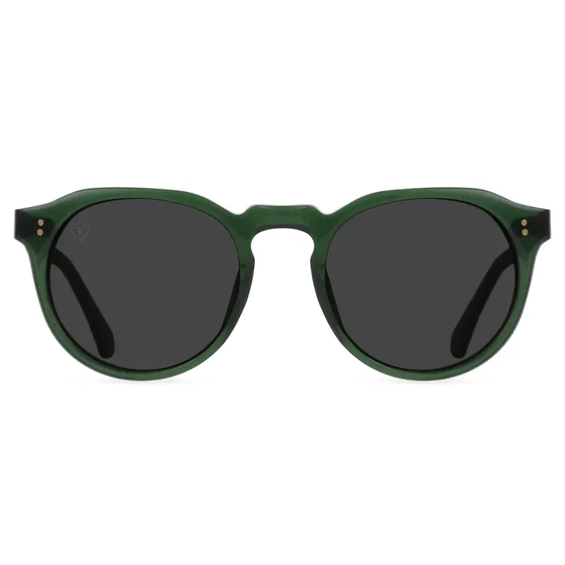 Straight-on view of RAEN Remmy sunglasses with translucent oak green frame and dark smoke polarized lenses.


