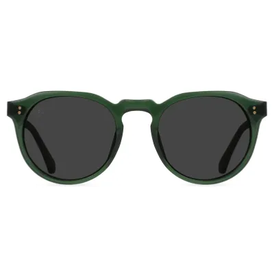 Straight-on view of RAEN Remmy sunglasses with translucent oak green frame and dark smoke polarized lenses.

