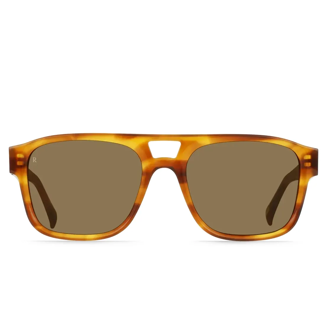 Front view of RAEN Rifka sunglasses featuring a square silhouette, distinctive cutout brow bridge, and Aria brown lenses.