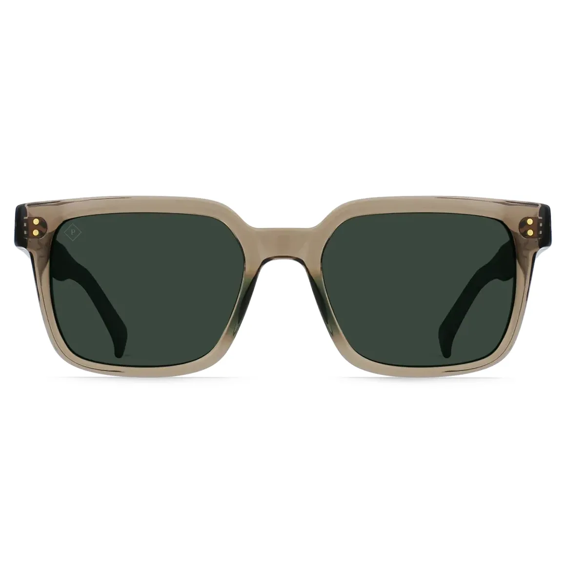 Straight-on view of RAEN West sunglasses featuring a bold square silhouette, keyhole bridge, and green polarized lenses.