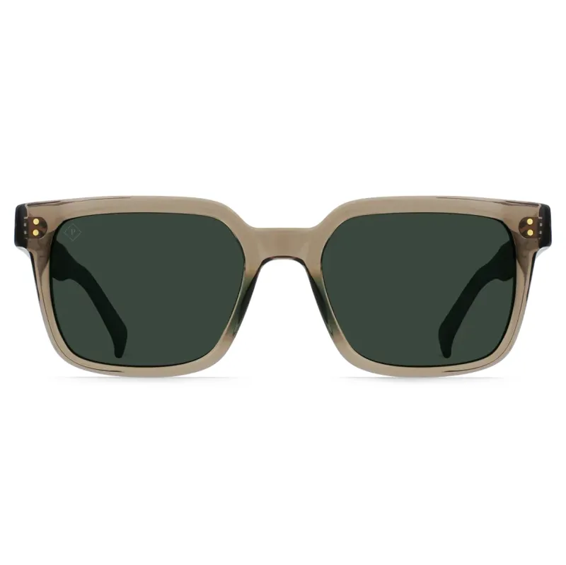 Straight-on view of RAEN West sunglasses featuring a bold square silhouette, keyhole bridge, and green polarized lenses.